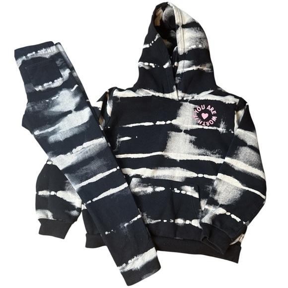 Girls Black and White Tie-Dye Hoodie and Joggers Set - Picture 1 of 3